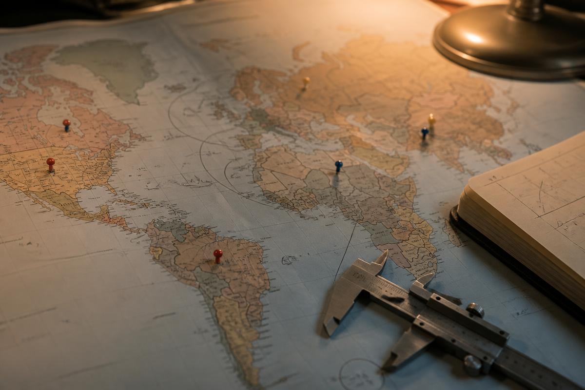 Close-up of a large paper world map with colored pins and analytical tools under warm lamp light.