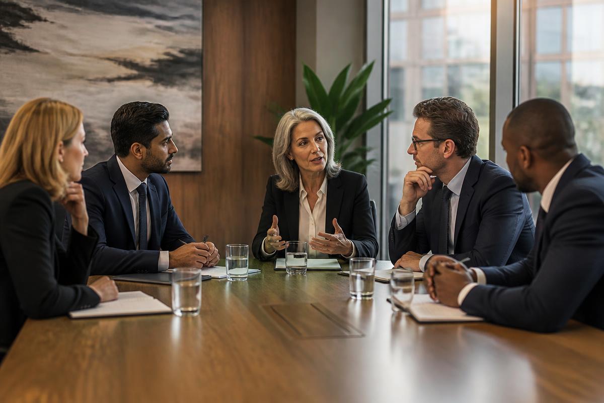 A leadership team meeting in a modern boardroom, five executives in focused discussion.