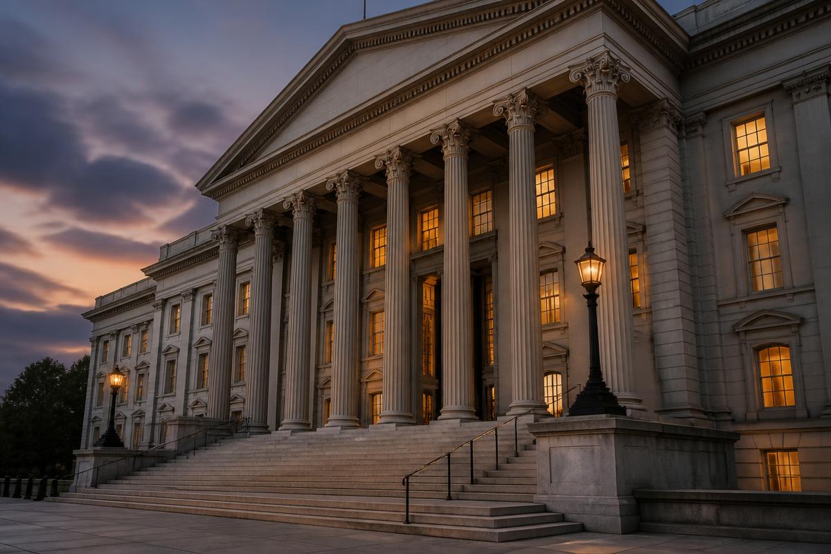 Facade of a formal classical government building with tall columns at dusk, warm glowing interior windows.