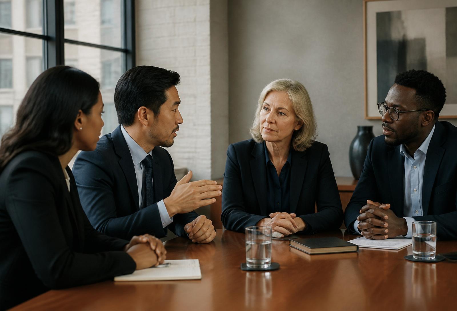 Diverse business executives in focused discussion around a conference table.