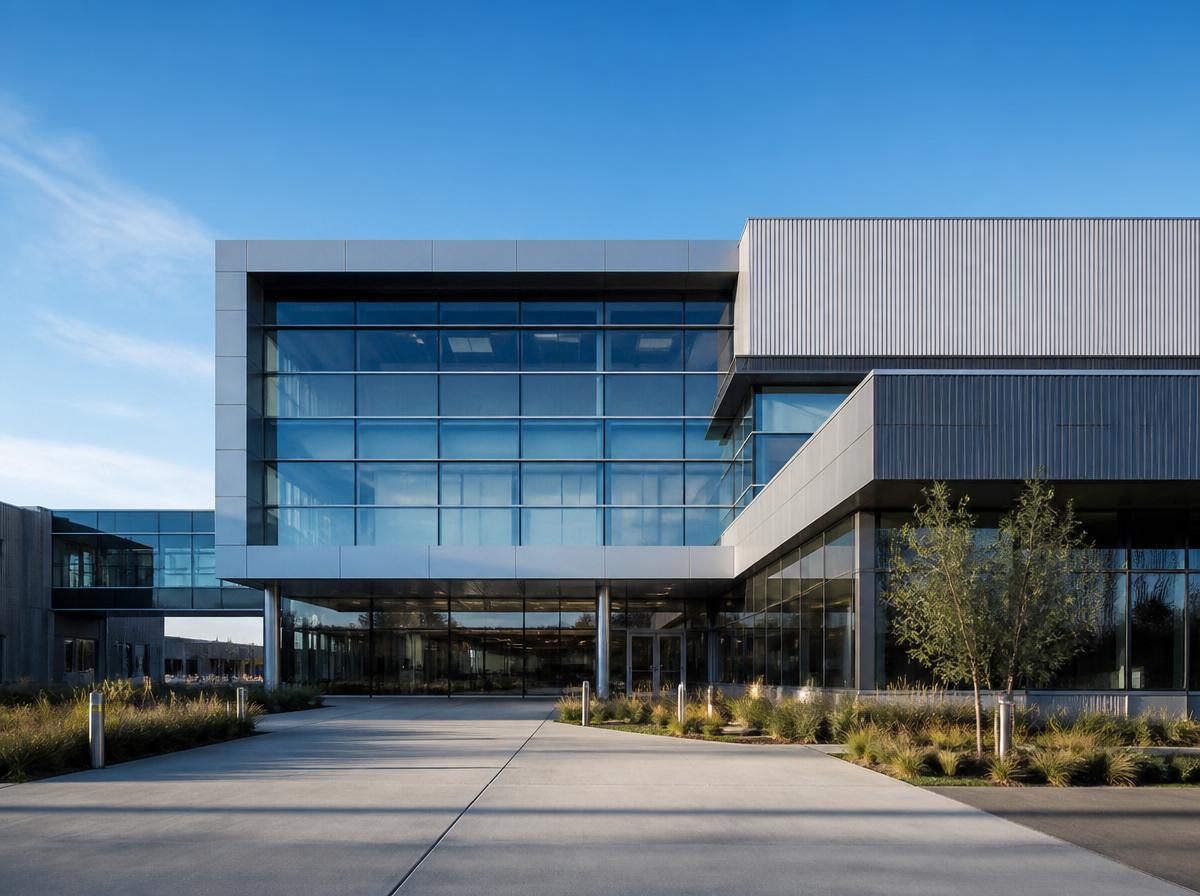 Exterior architectural view of a modern glass and steel aerospace and technology corporate facility under blue sky.