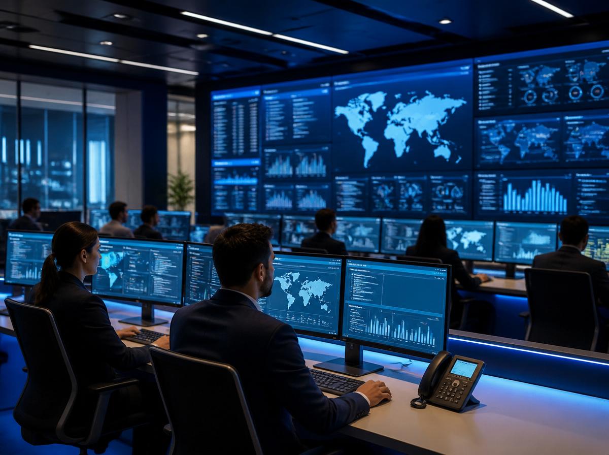 Modern corporate security operations center with analysts at workstations and world-map dashboards on the wall.