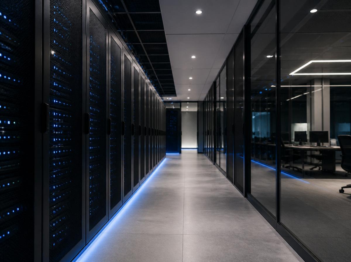 Interior of a modern data center corridor with rows of server racks and subtle blue lighting.