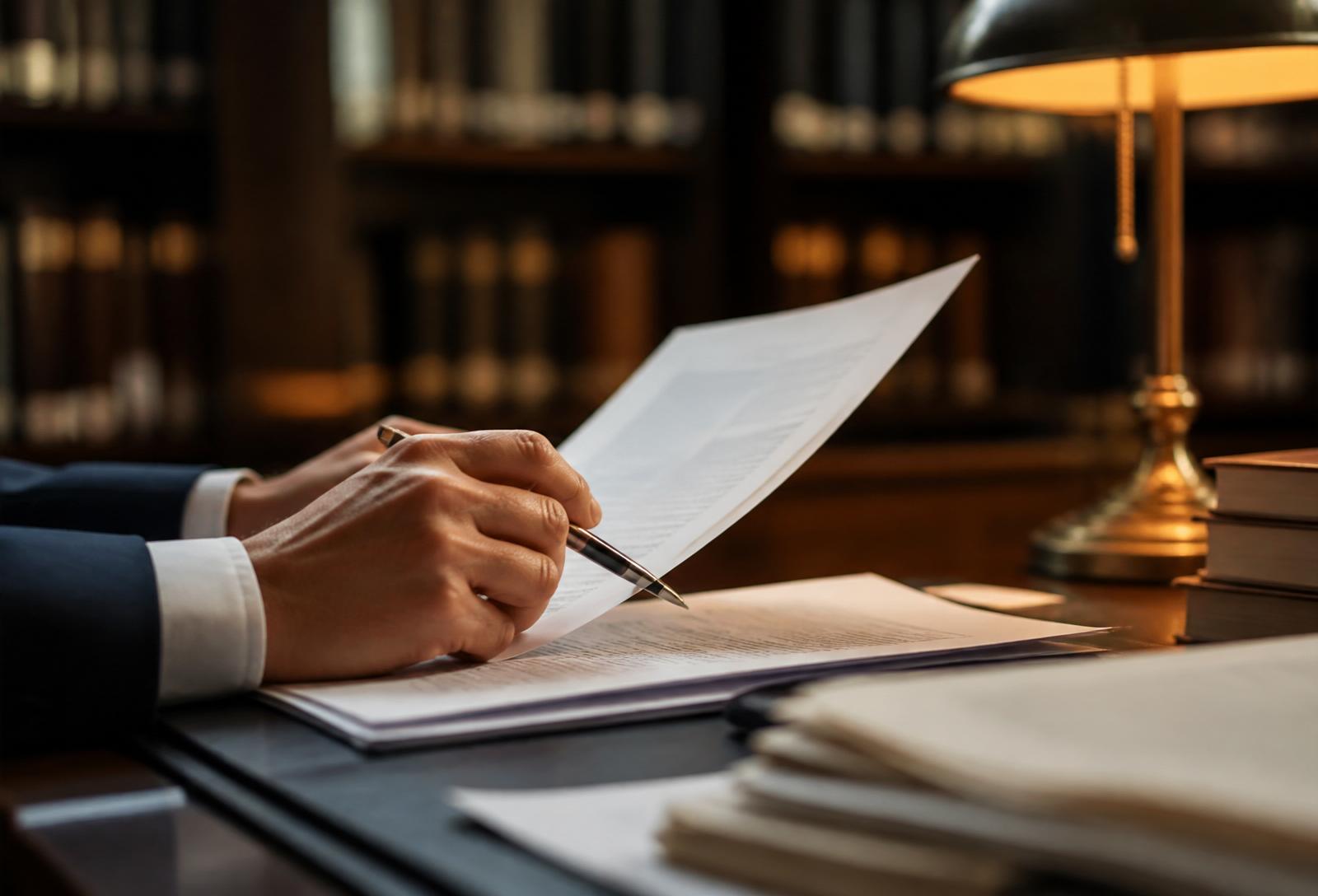 A person reviewing printed documents at a desk in a professional office library, warm lamp light.