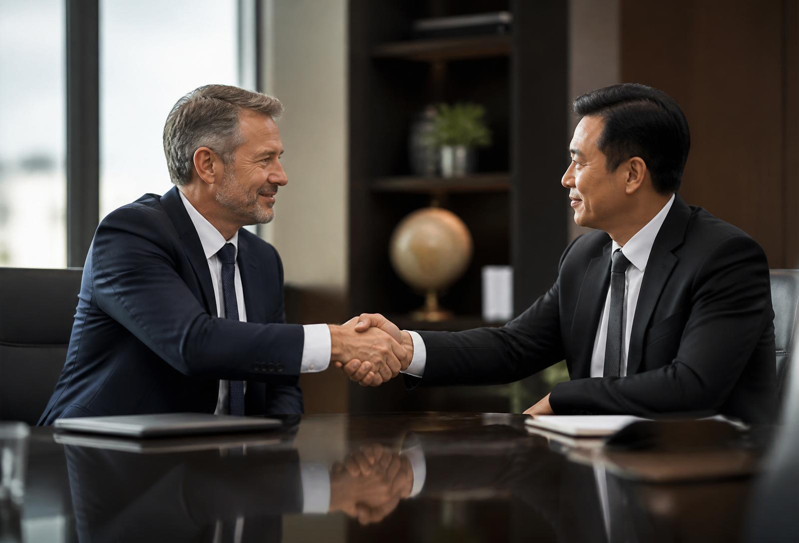 Two business executives shaking hands across a polished boardroom table with a globe softly visible in the background.