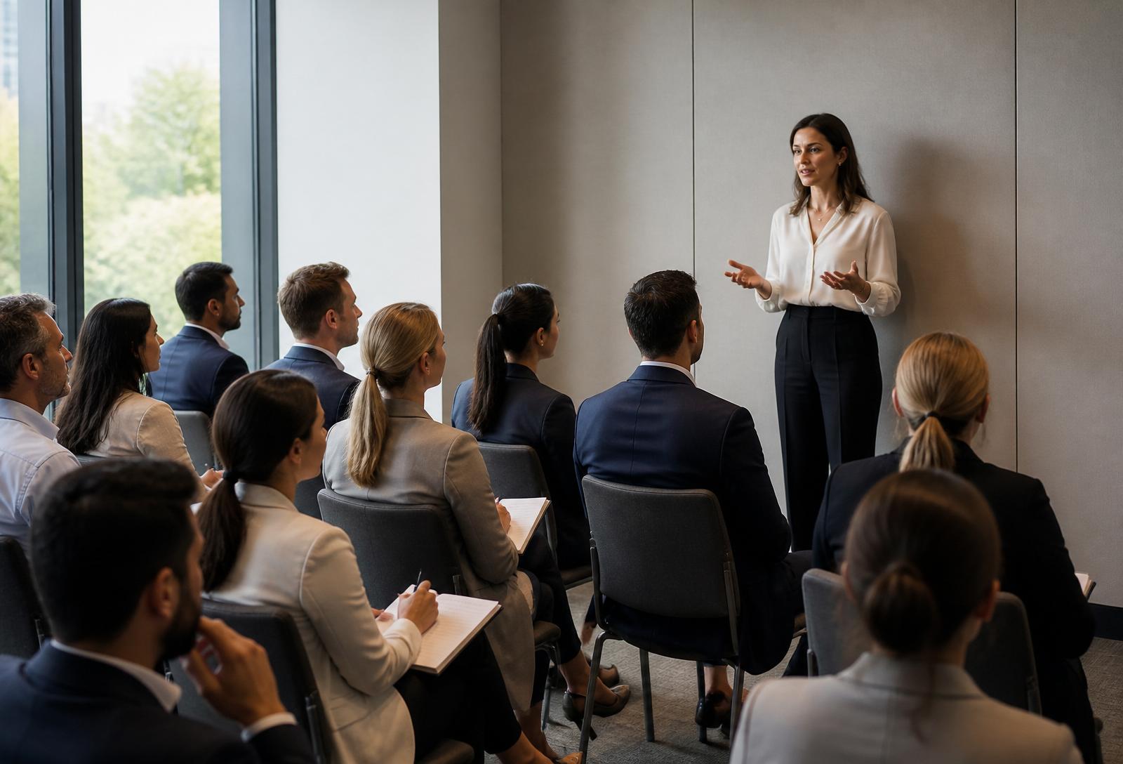 A facilitator addressing a seated audience of business professionals during a modern corporate training workshop.